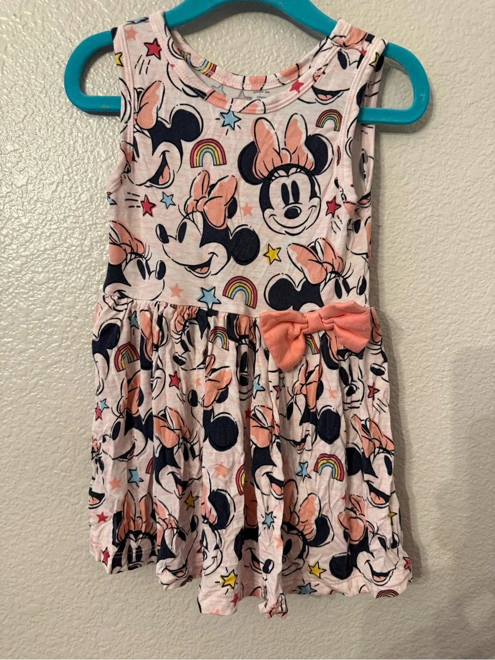 Little Sleepies Pink Minnie Mouse Bow Print Dress with Peach Bow